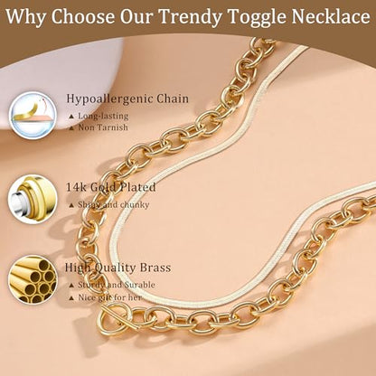 CHESKY 14K Gold Plated Chunky Necklace for Women, Trendy Toggle Clasp | Statement Pendant Necklace, Layered Paperclip Chain, Toggle Clasp Design, Thick Gold Chain, Non Tarnish Everyday Jewelry - color: gold, style: paperclip+herringbone