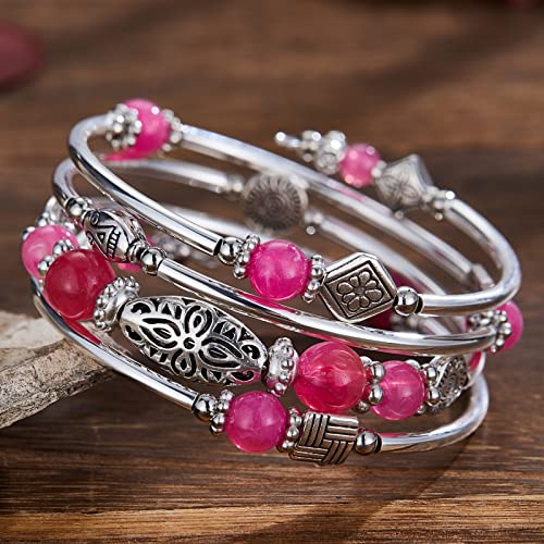 BULINLIN Layered Wrap Bangle Turquoise Bracelet - Bead Bracelet with Natural Agate Stone, Gifts For Women - color: 03-Hot pink