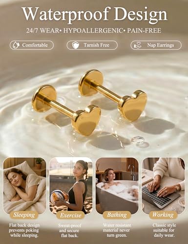 YADOCA Threadless Flat Back Earrings Gold Nose Studs Surgical Steel | Push-in flat back design for cartilage tragus helix conch and medusa piercings, gold plated stainless steel studs - color: Gold Heart, size: 18G(1.0MM)