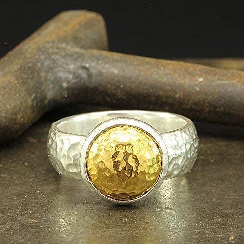 Dome Pebble Ring 925 Sterling Silver 24K Gold Vermeil Two-tone Hammered Handcrafted Designer Hand Forged Half Round Band Ring