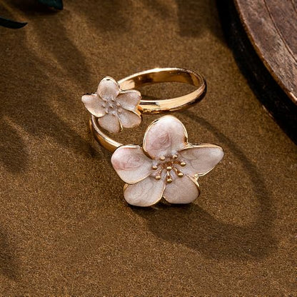 NewZenro Elegant Flower Enamel Adjustable Open Ring for Women Gold-Tone Plated Chic Cherry Blossoms Floral Statement Finger Wrap Band Rings Comfort Fit Wedding Party Prom Fashion Jewelry - color: White