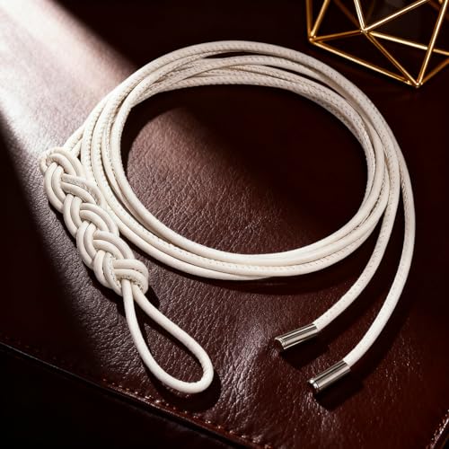 Women's Knotted Thin Waist Belt PU Leather Skinny Belts for Dresses Pants - color: Plaited Hair-white