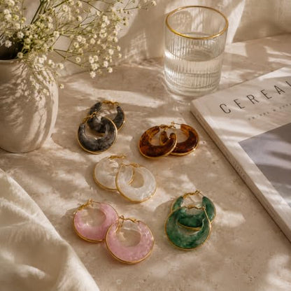 Gold Plated Stainless Steel Acrylic Hoop Earrings for women,Chunky Marbled Resin C-Hoops - CLOUD WHITE