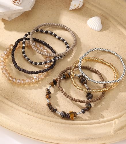 Noessla Boho Beaded Bracelets for Women Stackable Irregular Natural Stone Bead Stretch Bracelet Set 8PCS Costume Jewelry Gifts for Her - color: Brown