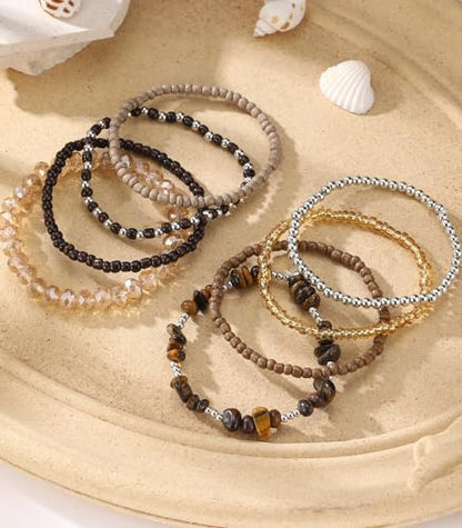 Noessla Boho Beaded Bracelets for Women Stackable Irregular Natural Stone Bead Stretch Bracelet Set 8PCS Costume Jewelry Gifts for Her - color: Brown