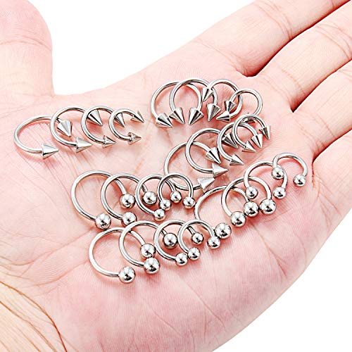 Ruifan 8-24PCS 14G Surgical Steel Nose Septum Horseshoe Hoop Earring Eyebrow Tragus Lip Piercing Ring Balls & Spikes 8-14mm - color: 24PCS - Silver