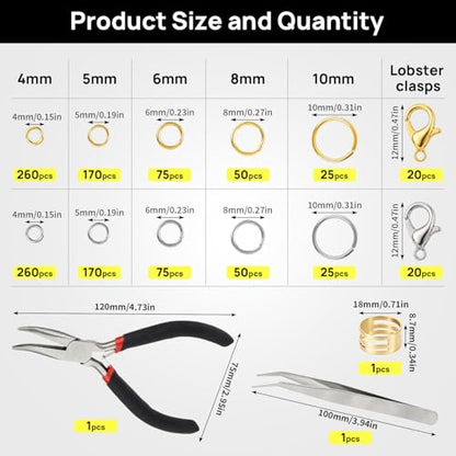 1200 Pcs Open Jump Rings, Jump Rings for Jewelry Making, Necklace Keychain Repair Kit with Making Tools Tweezer, Plier, Lobster Claw Clasps, Open Rings for DIY Crafts Keychains - color: Sliver+Gold