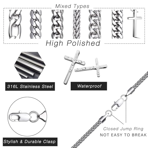 stino 7/8PCs Stainless Steel Chain Necklace Set for Men Women, Silver Tone Necklace Chains Bulk, Figaro Chain, Snake Chain, Cuban Link Chain, Rope Chain. - style: Muti-length- Heavy-7Pcs