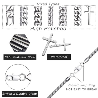stino 7/8PCs Stainless Steel Chain Necklace Set for Men Women, Silver Tone Necklace Chains Bulk, Figaro Chain, Snake Chain, Cuban Link Chain, Rope Chain. - style: Muti-length- Heavy-7Pcs
