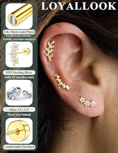 925 Sterling Silver Flat Back Stud Earrings for Women Hypoallergenic | 14K Gold Plated Cartilage Earrings for Sensitive Ears | Leaf Flower CZ Helix Tragus Piercing Jewelry - color: G-Flower Style