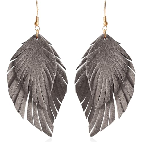 Handmade Bohemian Large Soft Genuine Leather Fringe Double Feather Dangle Drop Earrings Lightweight Simple Color PU Leaf Hook Earrings for Women - color: Grey