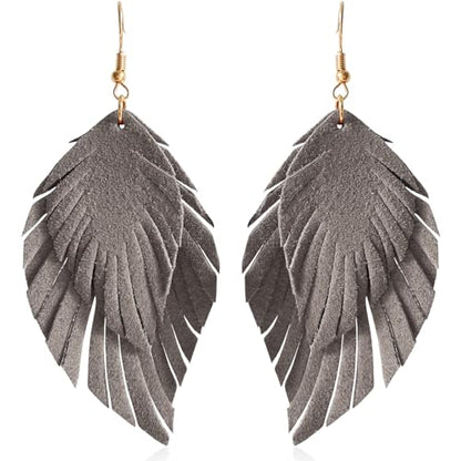 Handmade Bohemian Large Soft Genuine Leather Fringe Double Feather Dangle Drop Earrings Lightweight Simple Color PU Leaf Hook Earrings for Women - color: Grey