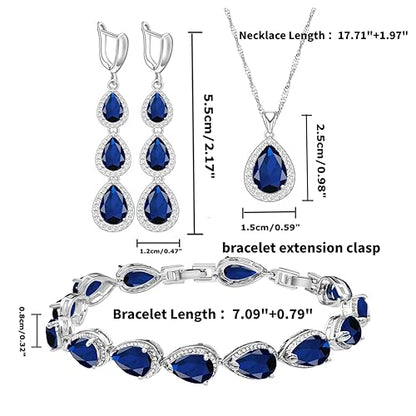 LMXXVJ Necklace Long Earrings Bracelet Set, White Gold Plated Created Blue Sapphire Jewelry Set Wedding Party Gift Jewelry for Women Bridal Bridesmaid - color: Blue