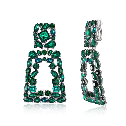 Flyonce Rectangle Clip-on Drop Earrings for Women, Sparkly Rhinestone Crystal Geometric Statement Non Pierced Earring Wedding Prom Party Jewelry for Brides Bridesmaid - color: Green Silver-Tone