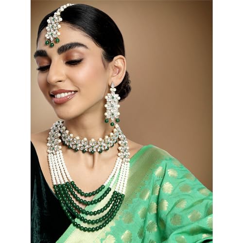 Aheli Wedding Party Wear Bridal Jewellery Choker Long Pearl Necklace Earrings Maang Tikka Indian Traditional Set Gift for Women - color: Green-1