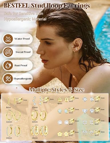 BESTEEL Hypoallergenic Flat Back Earrings - 14K Gold Plated Cartilage Earring Sets 20G Surgical Stainless Steel Earrings for Women Small Hoop Flatback Stud Earring Stacks Helix Conch Tragus Piercing Jewelry - color: 14K Gold Plated