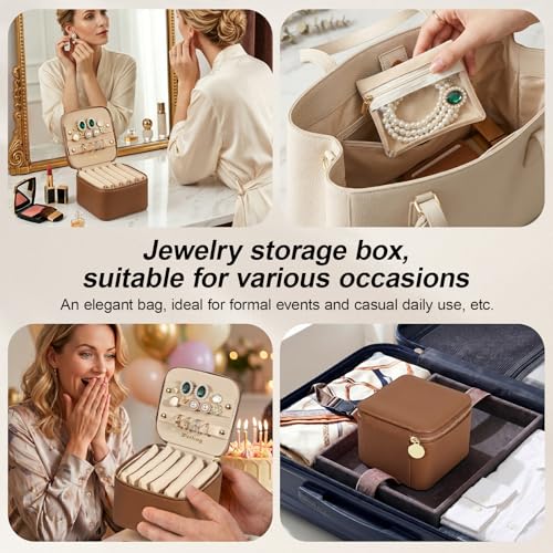 Travel Jewelry Case Organizer - Compact PU Leather Jewelry Box with 6 Small Portable Velvet Jewelry Pouches&2 Inner Lid Slots for Rings Earrings Necklaces Bracelets,Ideal Gift for Women Girls (Brown)