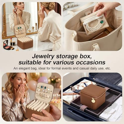 Travel Jewelry Case Organizer - Compact PU Leather Jewelry Box with 6 Small Portable Velvet Jewelry Pouches&2 Inner Lid Slots for Rings Earrings Necklaces Bracelets,Ideal Gift for Women Girls (Brown)
