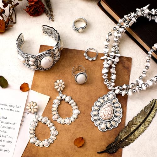 Ecally Bohemian Western Jewelry Turquoise Set Women Country Pendant Long Choker Layered Bracelets Earrings Ring for Women - color: White, style: Shiny