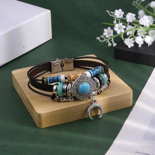 INENIMARTJ Western Turquoise Leather Wrap Bracelets for Men Women Boho Multilayer Turquoise Cuff Wrap Bracelet Western Bracelet Jewelry for Men and Woman - color: 22coffee