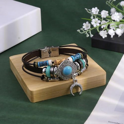 INENIMARTJ Western Turquoise Leather Wrap Bracelets for Men Women Boho Multilayer Turquoise Cuff Wrap Bracelet Western Bracelet Jewelry for Men and Woman - color: 22coffee