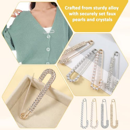 Safety Pin Brooch Decorative Brooch Pins for Women Clothing | Crystal Shawl Brooches for Women Shawl Shirt Dress Clips Pearl Pins Jewelry Sweater Clips Gold Silver