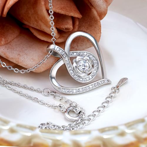 Sterling Silver Pendant Necklace Charms Hypoallergenic Fashion Jewelry Dainty Valentines Day Birthday Gift for Women - style: Heart with Rose Flower