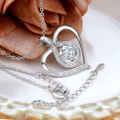 Sterling Silver Pendant Necklace Charms Hypoallergenic Fashion Jewelry Dainty Valentines Day Birthday Gift for Women - style: Heart with Rose Flower
