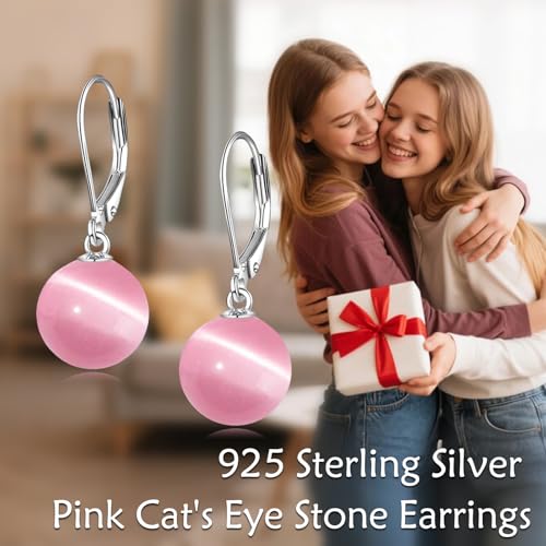 925 Sterling Silver Pearl Leverback Earrings Dangle Drop Jewelry Gifts for Women - style: Pink Cat's Eye