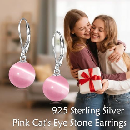 925 Sterling Silver Pearl Leverback Earrings Dangle Drop Jewelry Gifts for Women - style: Pink Cat's Eye