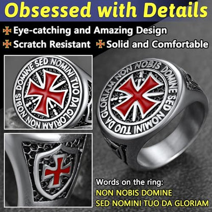 FaithHeart Mens Stainless Steel Crusader Jerusalem Cross Ring with 18K Gold Plated Two Tone Ring Size 7,8,9,10,11,12 - color: 02. Crusader Cross-Silver