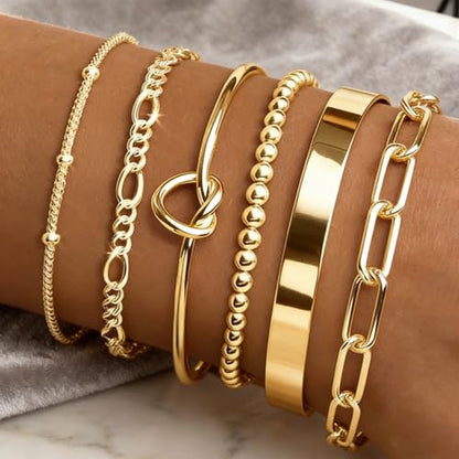 Gold Bracelets for Women, 5 Pcs Non-Tarnish Gold Plated Stackable Bangles with Beaded, Knot, Twisted, Cuff & Chain Designs, Everyday Jewelry Gifts - color: Gold-6pcs
