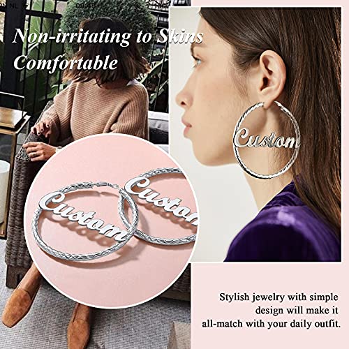 FindChic Chunky Hoop Earrings for Women, Silver/Black/14K Gold Plated Crossover Patterned Hollow Tube Rounded Loop Earrings, 30mm/40mm/60mm/80mm Hoops with Custom Name Options and Gift Box - color: e.Silver (Custom Name), size: 80MM