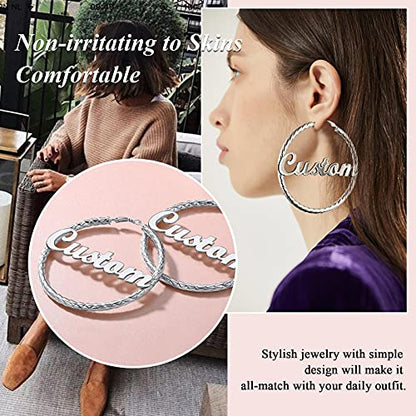 FindChic Chunky Hoop Earrings for Women, Silver/Black/14K Gold Plated Crossover Patterned Hollow Tube Rounded Loop Earrings, 30mm/40mm/60mm/80mm Hoops with Custom Name Options and Gift Box - color: e.Silver (Custom Name), size: 80MM