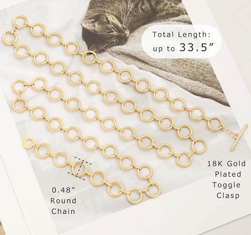 Aobei Pearl 18K Gold or Platinum Long Chain Necklace for Women Chunky Statement Chain Link Necklace Adjustable Geometric Open Chain Layering Jewelry - color: Gold Round Chain