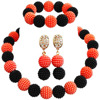 Nigerian Wedding African Beads Jewelry Set Women Simulated Pearl Necklace and Earrings - color: Black Orange