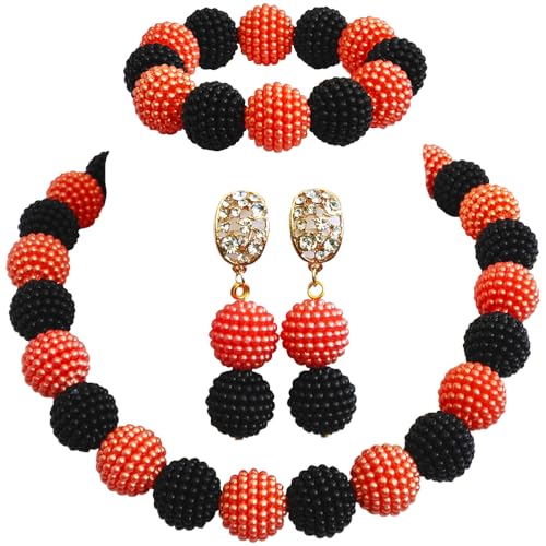 Nigerian Wedding African Beads Jewelry Set Women Simulated Pearl Necklace and Earrings - color: Black Orange