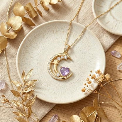 Midari 18K Gold Moon Star Necklace Moon Star Pendant Necklace with 12 Months Birthstones Moons Jewelry Gifts for Women Mom Her - color: 06-June