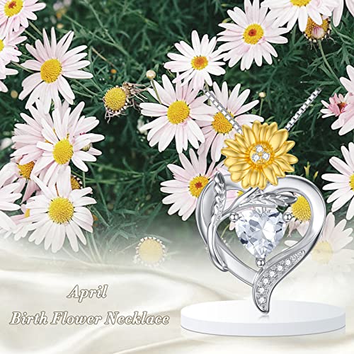 TOUPOP Birth Flower Necklace 925 Sterling Silver Heart Birthstone Pendant Necklaces Birth Month Floral Jewelry Birthday Valentines Day Mothers Day Gifts for Women Wife Mom - style: 4-April-Daisy