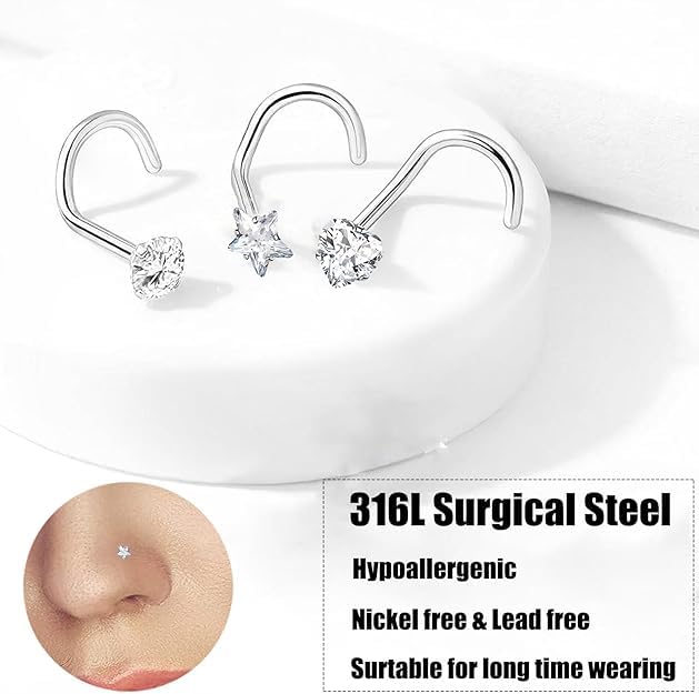 8Pcs Nose Rings Studs Set for Women Men: Hypoallergenic G23 Titanium/316L Surgical Stainless Steel Nose Studs, Nickel-free Lead-free L Shaped Corkscrew Nose Piercing Jewelry CZ 1.5mm 2mm 2.5mm 3mm - style: 8pcs 20G Gold/Silver-Multi Shape - Stainless Stee