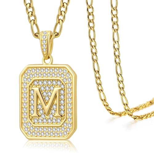 Initial Letter Pendant Necklace for Men Women, 14K/18K Gold A-Z | Square Monogram Pendant Jewelry Waterproof and colorfast with Figaro Chain, Gifts for Women Men - style: 14K Gold M
