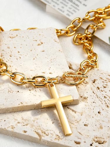 Chunky Gold Cross Necklace for Women Layered Necklace Retro Big Gold Cross Pendant Necklace Statement Chunky Chain Choker Necklaces Thick OT Buckle Chain Long Necklace Jewelry - style: Style1-gold