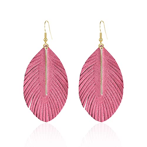 YUNXI Large Genuine Soft Leather Handmade Fringe Feather Lightweight Leaf with Simple Drop Metal Bar Tear Drop Dangle Color Earrings for Women - color: Pink