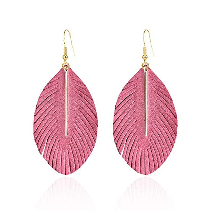 YUNXI Large Genuine Soft Leather Handmade Fringe Feather Lightweight Leaf with Simple Drop Metal Bar Tear Drop Dangle Color Earrings for Women - color: Pink
