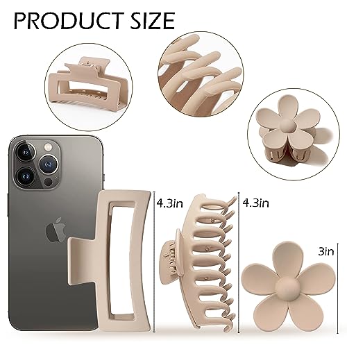 Large Hair Claw Clips, 12 Pack Flower Hair Clips for Thick Hair, Big Square Matte Strong hold for Thin Hair, 3 Styles Claw Hair Clips for Thick Hair - color: White, Black, Pink, Coffee