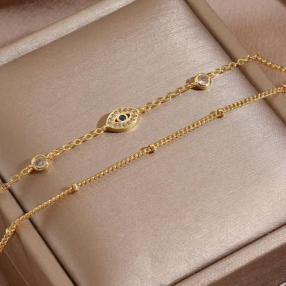 16K Gold Plated Bracelets Set for Women - Dainty Layered Adjustable Hand Chain Bracelet with Cubic Zirconia, Cute Jewelry Gift for Her, Waterproof Hypoallergenic - color: Evil Eye
