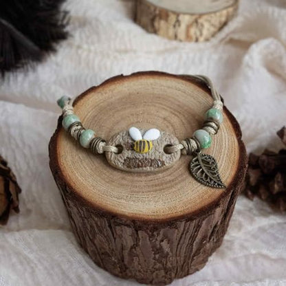 Handcrafted Bohemian Ceramic Flower Bracelet with Leaf Charm, Adjustable Beaded Bracelet for Women, Unique Handmade Jewelry Gift for Nature Lovers - style: Farmhouse