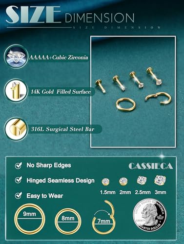 CASSIECA 14K Gold Filled Flat Back Nose Studs For Women Men Hypoallergenic Surgical Steel Nose Rings Hoops- Threadless Flat Back Earrings Helix Cartilage Tragus Conch CZ Stud Labret Lip Nostril Septum Ring Body Piercing Jewelry 20G 18G 16G