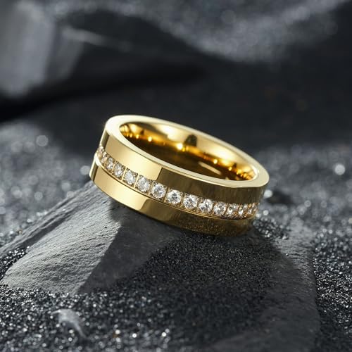 King Will Mens Tungsten Wedding Band with Cubic Zircon Inlay 7mm/8mm Flat Cut Comfort Fit Engagement Rings - color: Gold&White