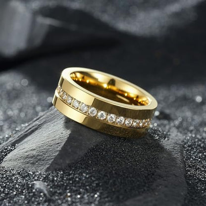 King Will Mens Tungsten Wedding Band with Cubic Zircon Inlay 7mm/8mm Flat Cut Comfort Fit Engagement Rings - color: Gold&White